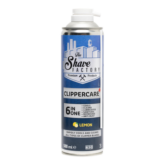 The Shave Factory Lemon 6-in-1 Clipper Spray 400ml bottle
Professional barber clipper maintenance spray
Lemon-scented clipper cleaning spray by The Shave Factory
Clipper disinfectant spray for grooming tools
6-in-1 clipper spray for barbershop professionals
